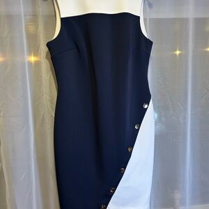 Tommy Hilfiger Colorblock Sheath Dress Blue & White Gold Button Accents Size 10